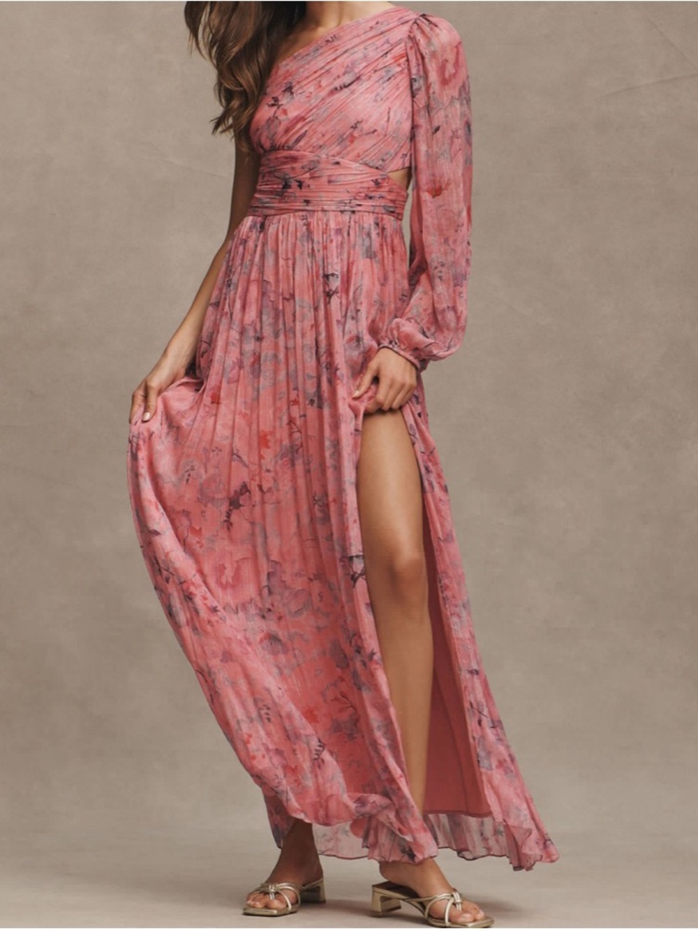 BHLDN Iris Pink Floral One Shoulder Cutout Chiffon Maxi Dress L Slight Snagging
